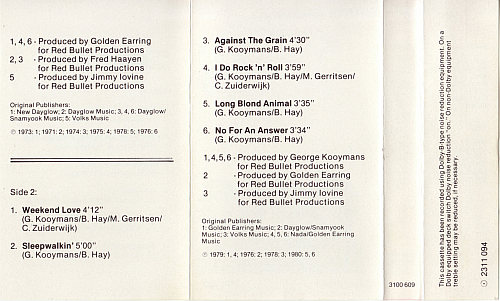Golden Earring Greatest Hits 3 cassette inlay inner 1981 Netherlands